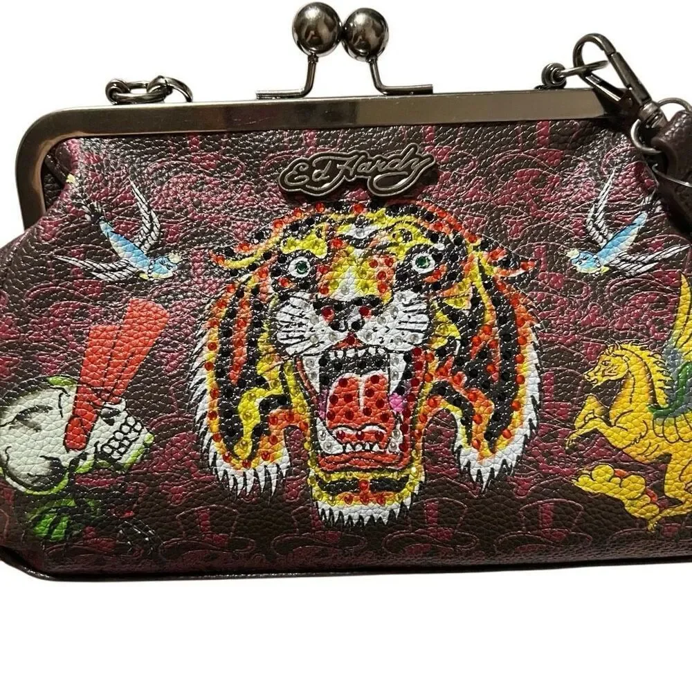 New Retro Y2K Ed Hardy Logo Bling Tiger Kiss lock Clutch removable chain strap